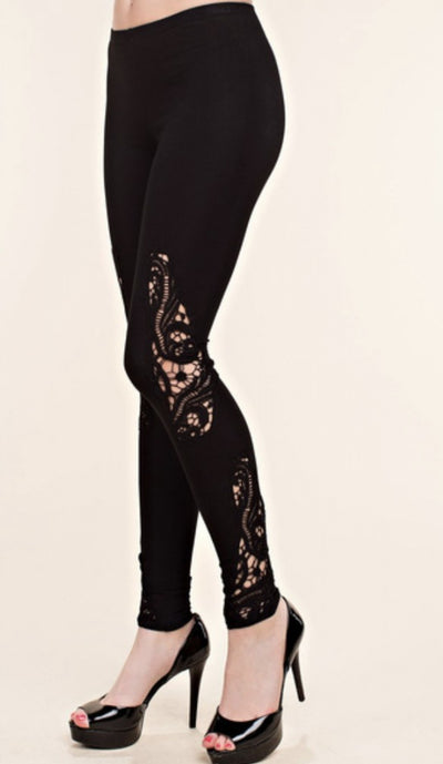 Black Leggings with Uniquely Designed Crochet Leg  XL